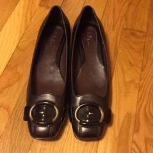 Cole Haan brown slip ons w/ gold buckleSize 9 1/2